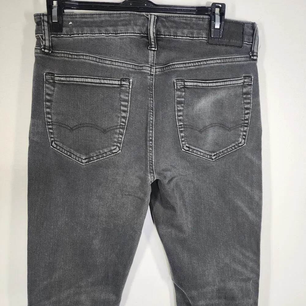 American Eagle Mens Jeans 31x32 Gray Athletic Skinny Airflex Distressed Denim